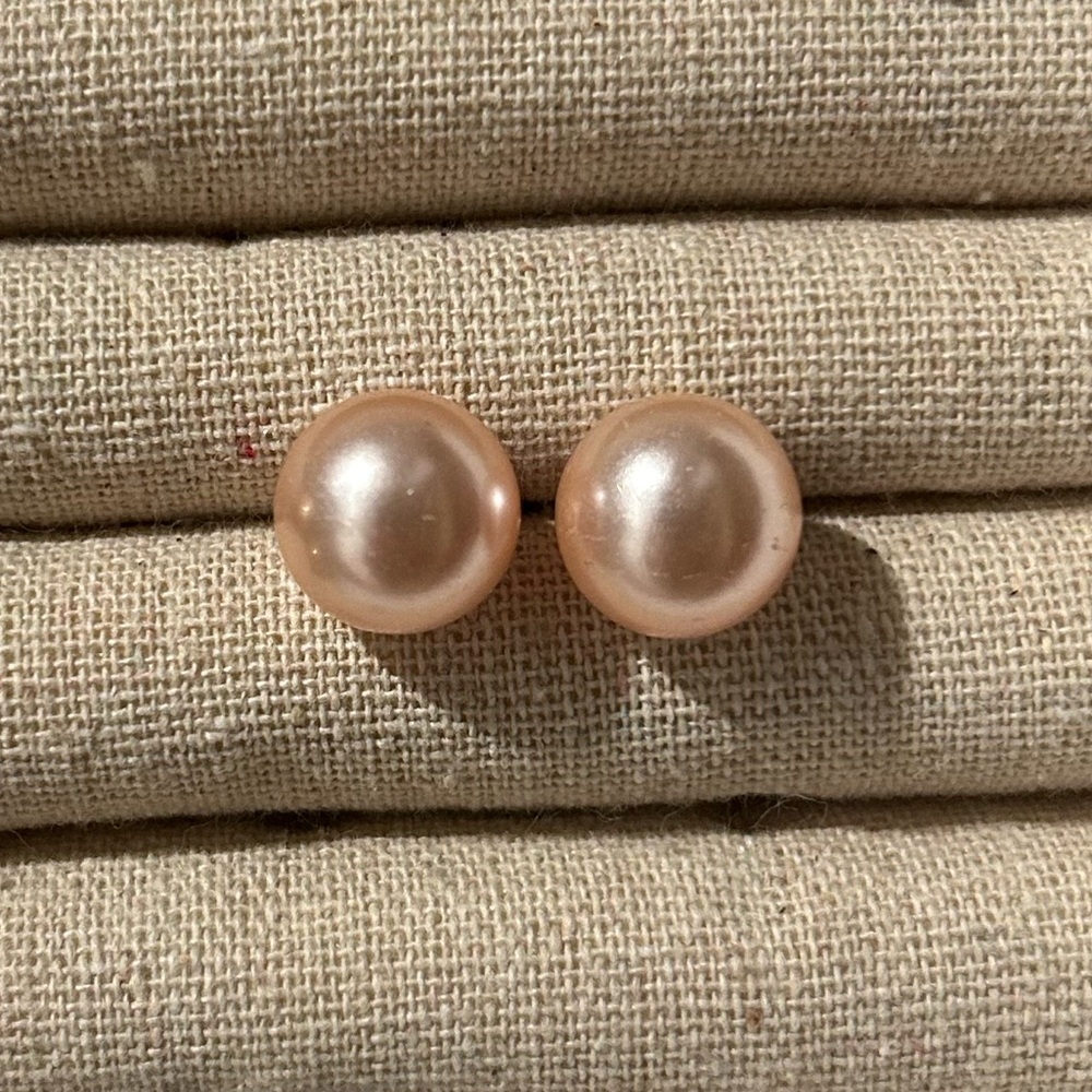 Pink Faux Pearl Stud Earrings | Classic Bridal Bridesmaid Coquette - Picture 3 of 5